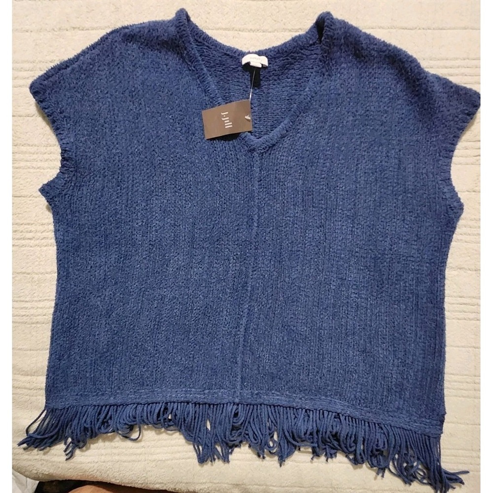 J.Jill Pure Jill Women's Sweater Petite‎ M Blue V-Neck Chunky Knit Fringe Boho